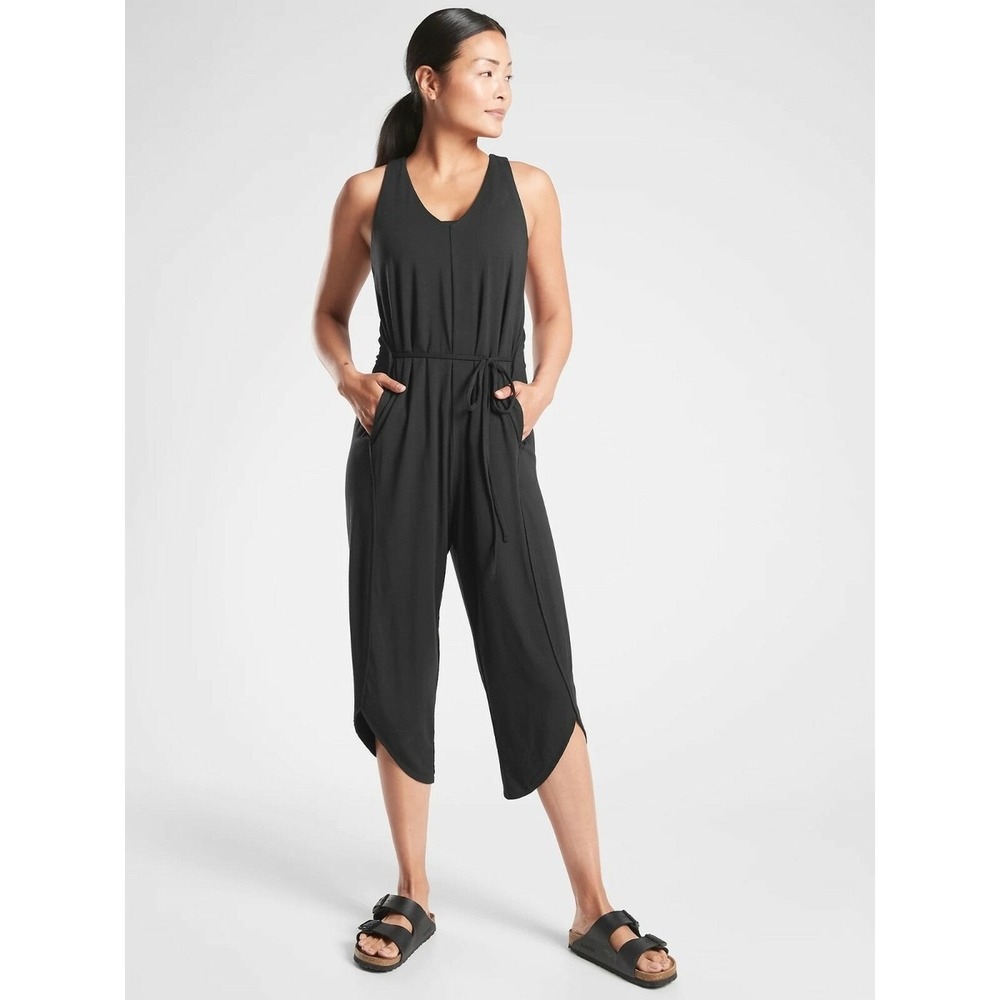 Athleta Flow With it Romper Wide Leg Racer Back Black Size M Athleisure Lounge